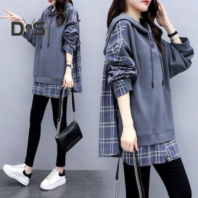 Весна Осень Женская толстовка с капюшоном в клетку с имитацией двух частей средней длины с завязками и длинными рукавами, повседневная школьная спортивная майка
