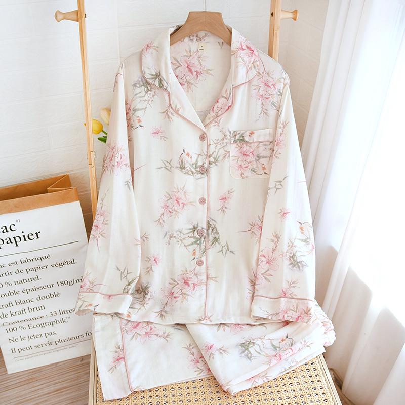 Женский повседневный пижамный комплект из бамбукового волокна - Милый весенне-летний стиль знаменитостей из Интернета с топом с длинными рукавами и брюками