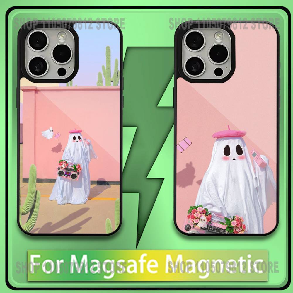Cute Ghost Phone Case For iPhone 17,16,15,14,13,12,11,Plus,Pro,Max,Mini Soft Magesafe Magnetic Wireless Charge