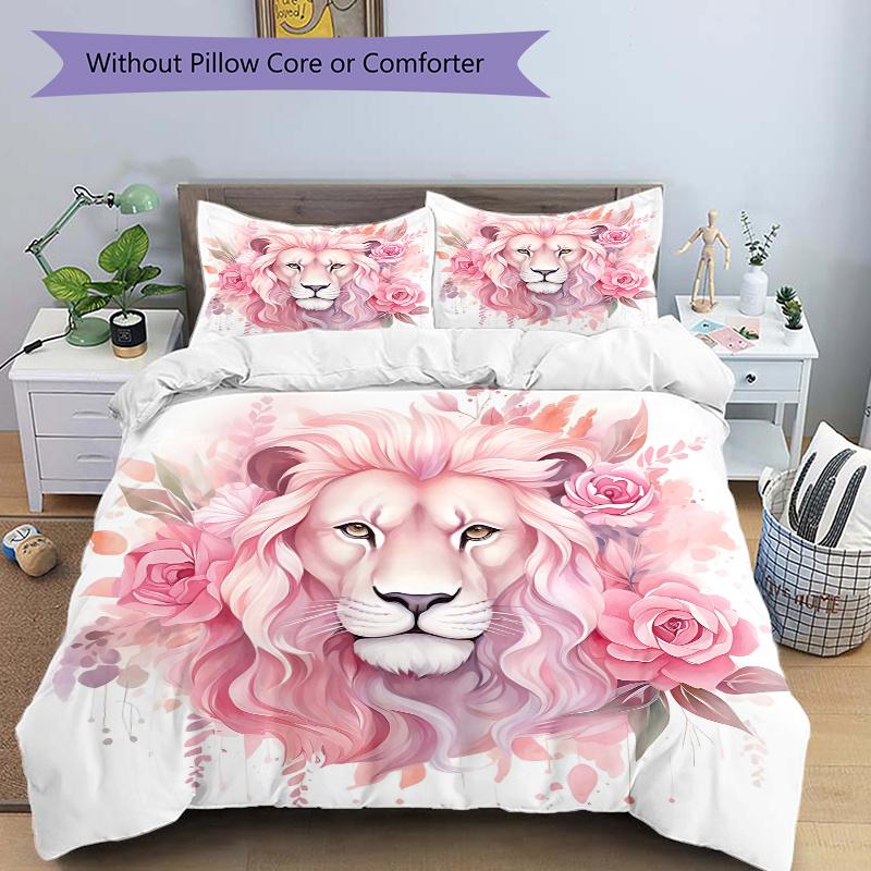 3pcs Pink Lion Pattern Bedding Set, 1* Cover + 2*Pillowcases, Printed Bedding Set, Soft and Comfortable, Suitable for Bedroom and Guest Room