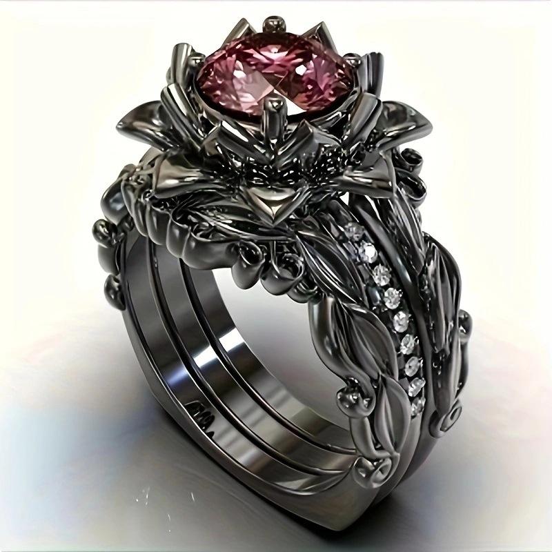 Кольцо Gun Black Ring из трех частей для женщин с инкрустацией розой из циркона