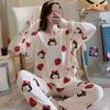 Женский пижамный комплект с длинным рукавом и мультяшным принтом - Милая домашняя одежда в корейском стиле для осени, зимы, весны - Доступен большой размер