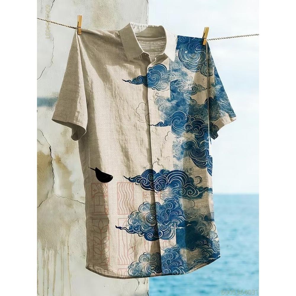 Men's Shirt with Dragon and Wave Print, Hawaiian Style, Short-sleeved Collar, Comfortable, Casual, Fashionable, Loose Fit.