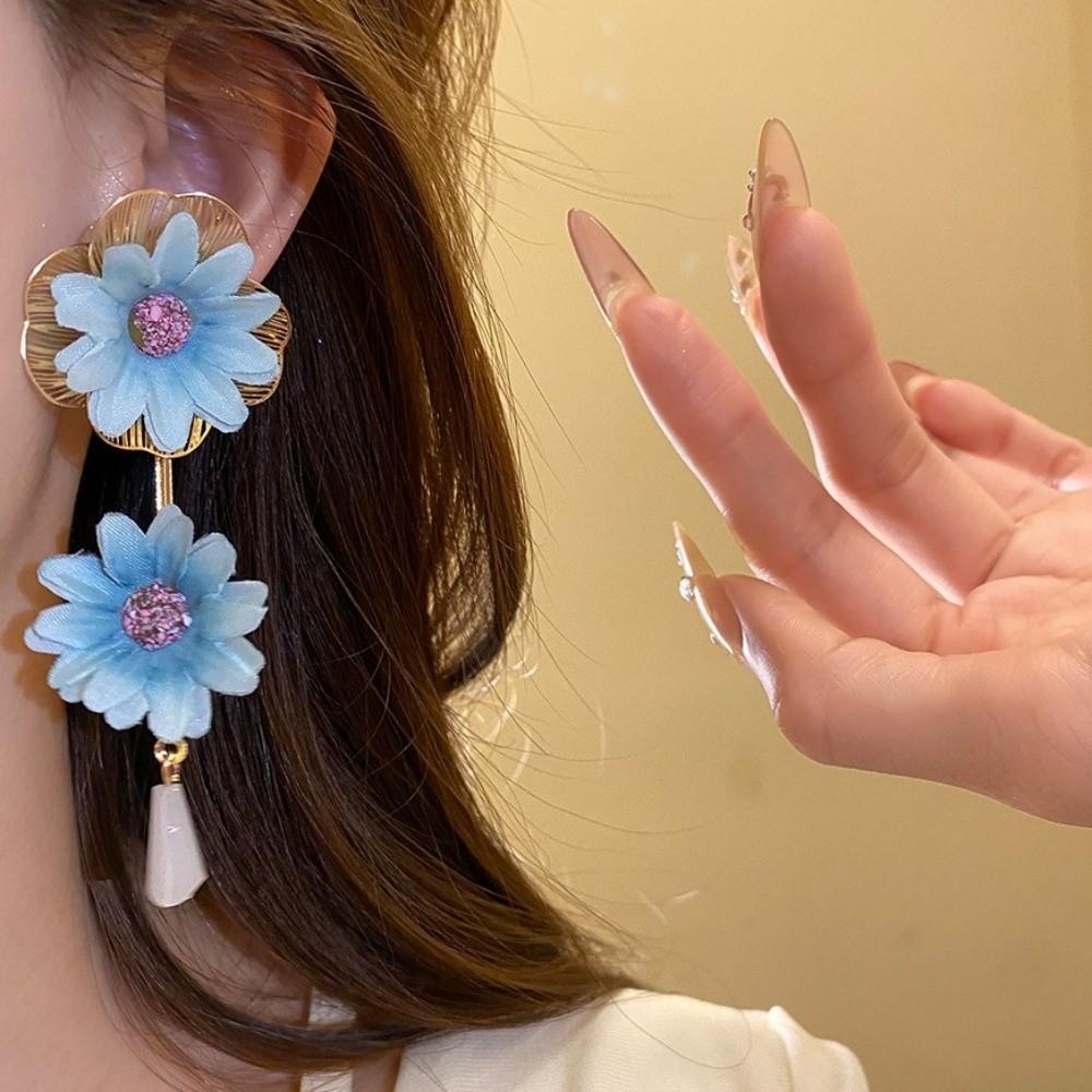 Sweet Fabric Flower Earrings Colorful Crystal Drop Earrings Chinese Ancient Style