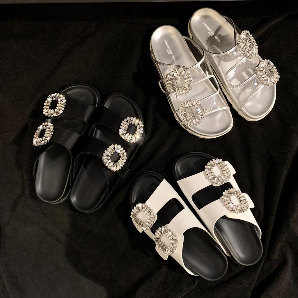Second Hair! Su Yinyin's Same Shoes Square Buckle Rhinestone Leather Double Belt Casual Platform Slippers Women's Sandals Outside