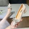 Туфли на толстом каблуке, сексуальные, с мелким вырезом, свадебные, с бантом из стразов, универсальные одинарные туфли, женские, весна-лето 2025, новые туфли с острым носком и средним каблуком