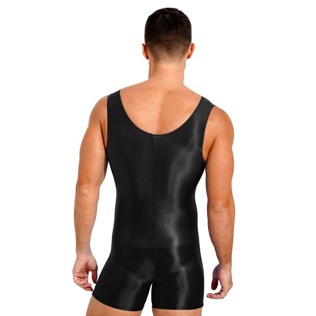 Мужской глянцевый эластичный безрукавный купальник-боди с U-образным вырезом