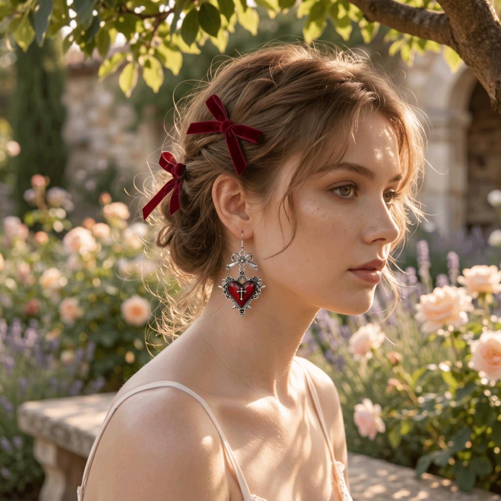 Bow Heart Cross Earrings Red Enamel Halloween Dangle Earrings Thorn Rose Drop Earrings Women