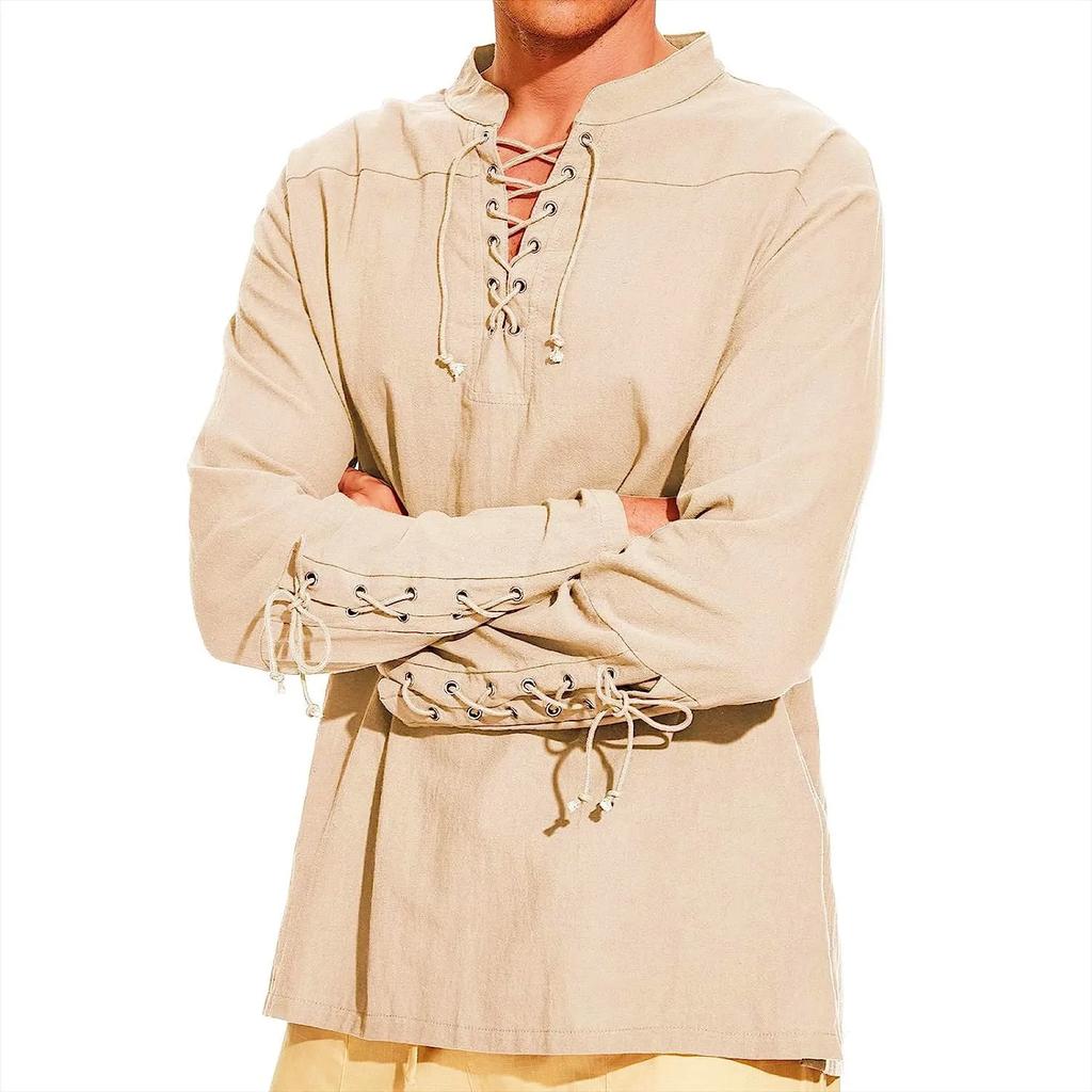 Shirt Long-sleeved Hippie Casual Beach Stand Collar Shirt New Men's New Design Lace-up Cotton Linen Henry