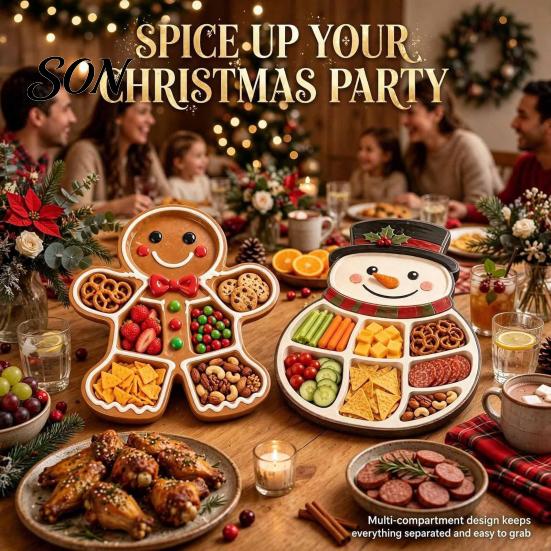 Decorative Tray for Fruit Cheese Christmas Snack Serving Tray, Divided Holiday Appetizer Platter, Cute Snowman/Tree/Penguin/Cow Shaped Festive
