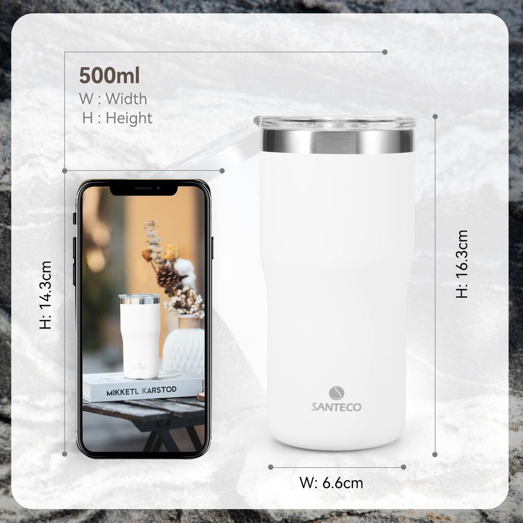 Стакан SANTECO TROSA вакуумный с широким горлом из нержавеющей стали BPA для питья, белая серия, изолированный, крышка, с изоляцией от холода и тепла, стильный, сталь 18/8,