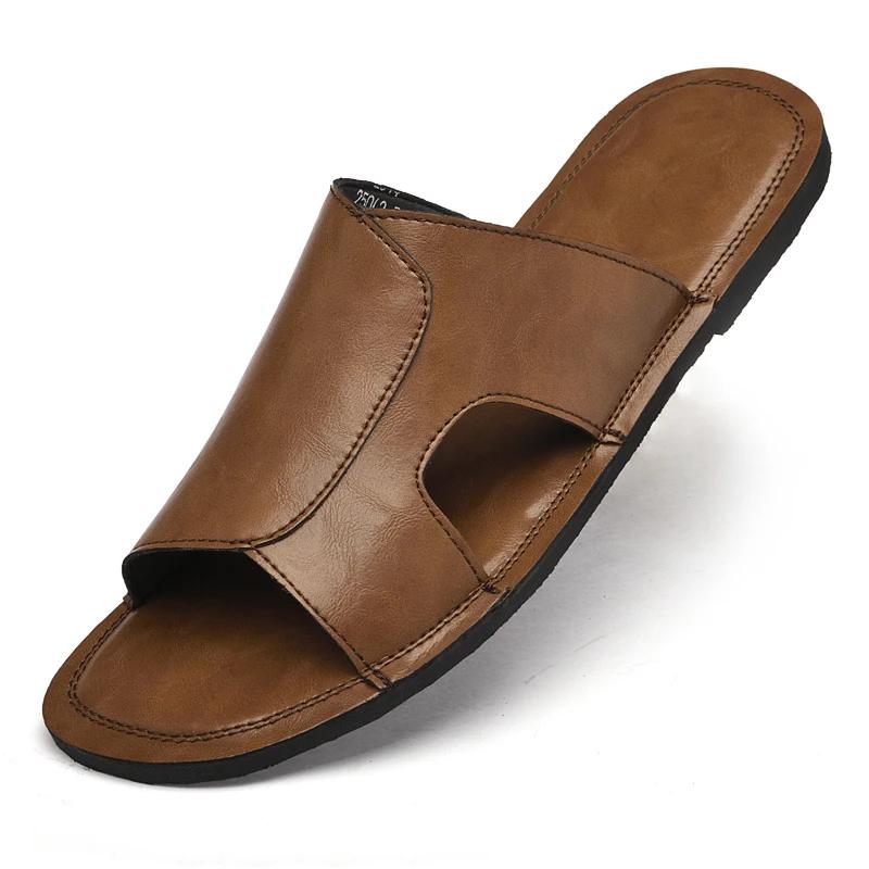 Мода Мода Мужские Сандалии на Мягкой Подошве Однотонные С Открытым Носком из Натуральной Кожи Сандалии для Ходьбы 2025 Новые Пляжные Дышащие Нескользящие Шлепанцы
