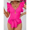 2025 New Sexy Ruffle Soild V-neck One Piece Strappy Slimming Swimwear Women Swimsuit Deep-V Bathing Suit Beach Wear Monokini