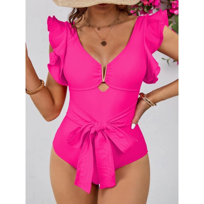 2025 New Sexy Ruffle Soild V-neck One Piece Strappy Slimming Swimwear Women Swimsuit Deep-V Bathing Suit Beach Wear Monokini