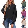 Women's Fashion Casual Bishop Long Sleeve Solid Color Round Neck Top Blouse