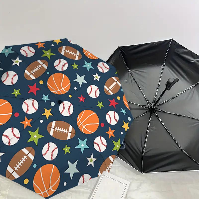 Sports Ball & Star Pattern Automatic Opening/Closing Umbrella - Portable Tri-Fold Design, 8-Rib Iron Frame Outdoor Umbrella, Ideal Gift for