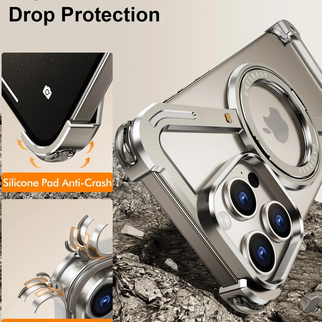 Z Shape Aluminum Alloy Rimless Magnetic Phone Case for IPhone 15 13 14 Pro Max Metal Stand Magsafe Buffer Shockproof Hard Cover for Samsung S24 Utlra