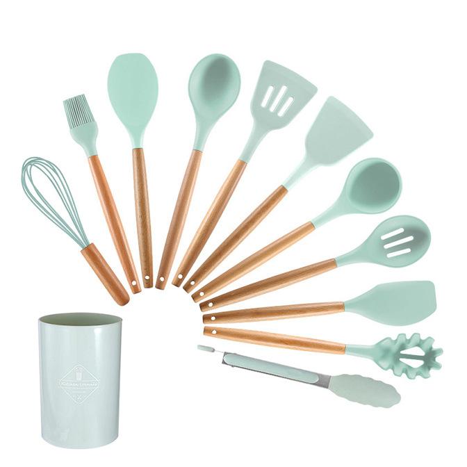 Silicone Wooden Handle Kitchenware Set 12-piece Set High Temperature Resistant Non-stick Pan Scoop Clip Kitchenware Bucket Baking Utensils