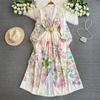 Spring Autumn Women V-neck Print Single Breasted Long Maxi Holiday Beach Boho Dresses With Belt