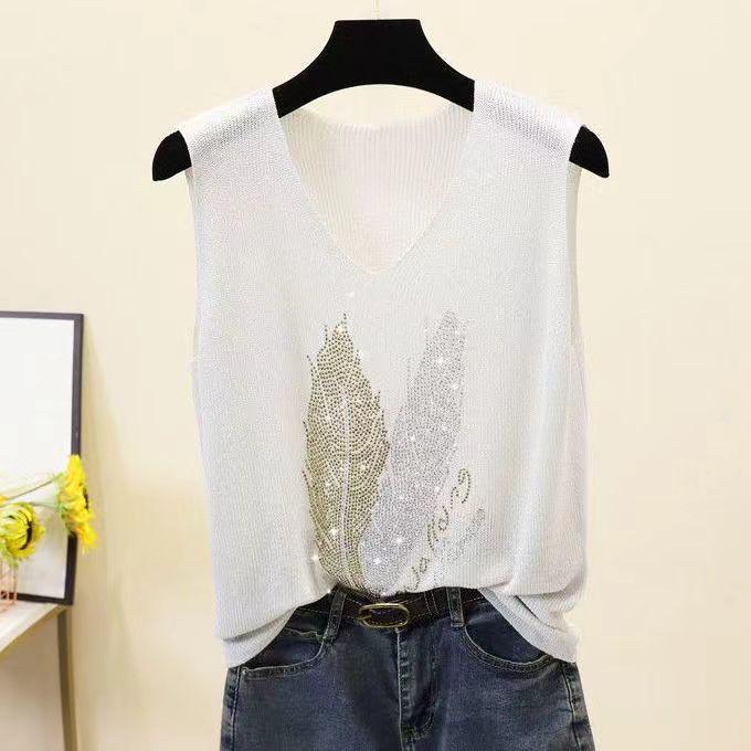 2023 Блестящий шелковый женский жилет без рукавов с V-образным вырезом - Новый стиль весна/лето, свободный крой с вязаным дизайном на бретелях с горячими бриллиантами