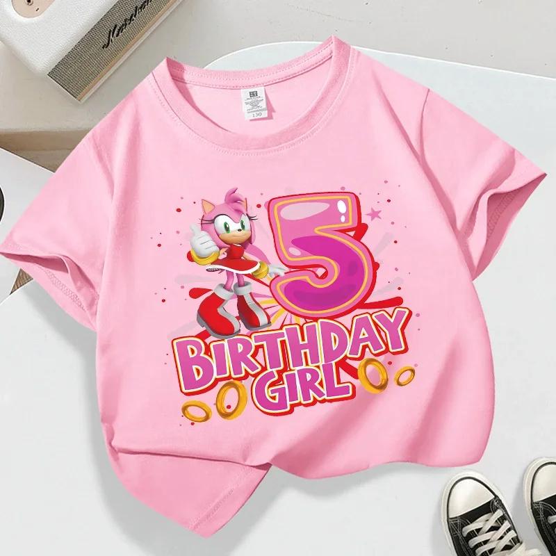 Summer Breathable T-shirts Short Sleeves Shirt Gift Sonics New Pink T-shirt for Girls Birthday Number 1-9 Cute Cartoon White Tee