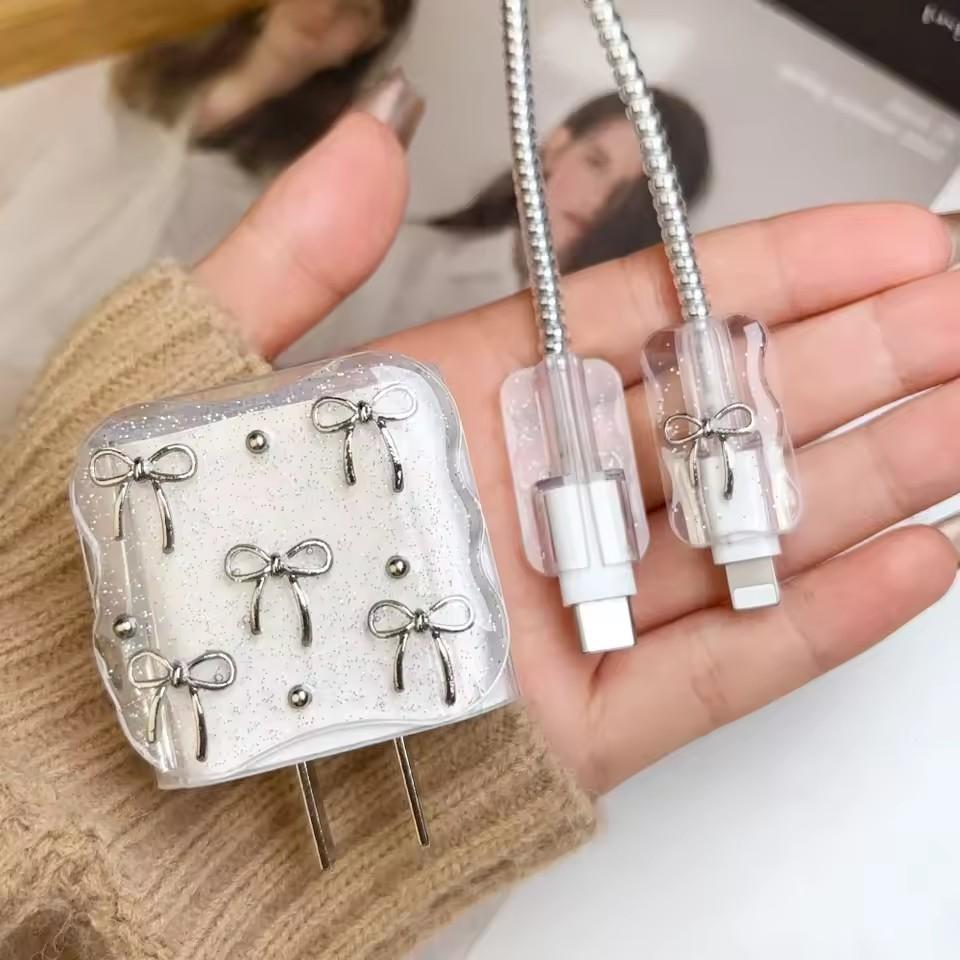 Прозрачный блестящий чехол-рукав для защиты зарядного устройства для мобильного телефона с бантиком для Apple IPhone 18/20W, лазерная намотка кабеля, защита проводов