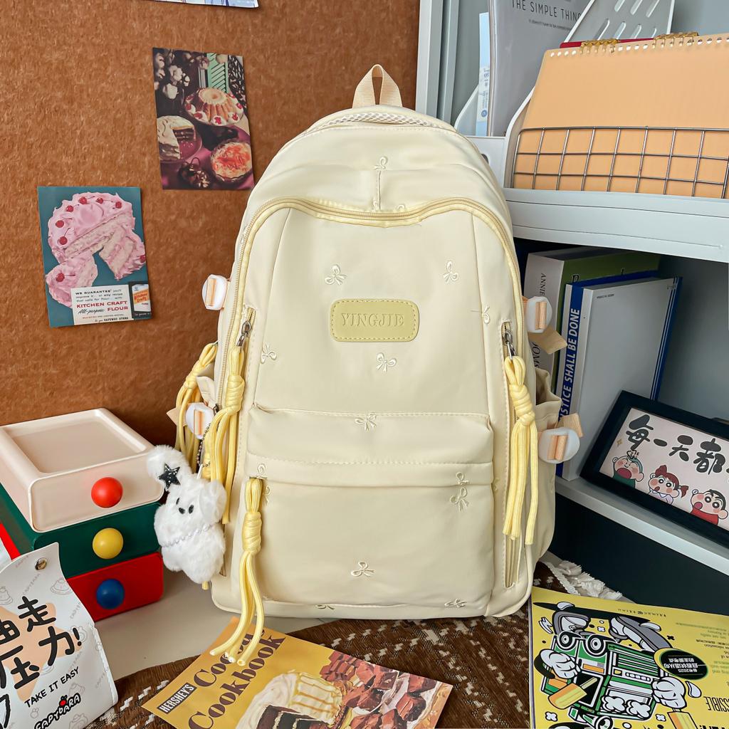 Schoolbag Student School Bag Female Junior High School Student Embroidery Sweet Solid Color Large Capacity High School Casual Backpack Elementary