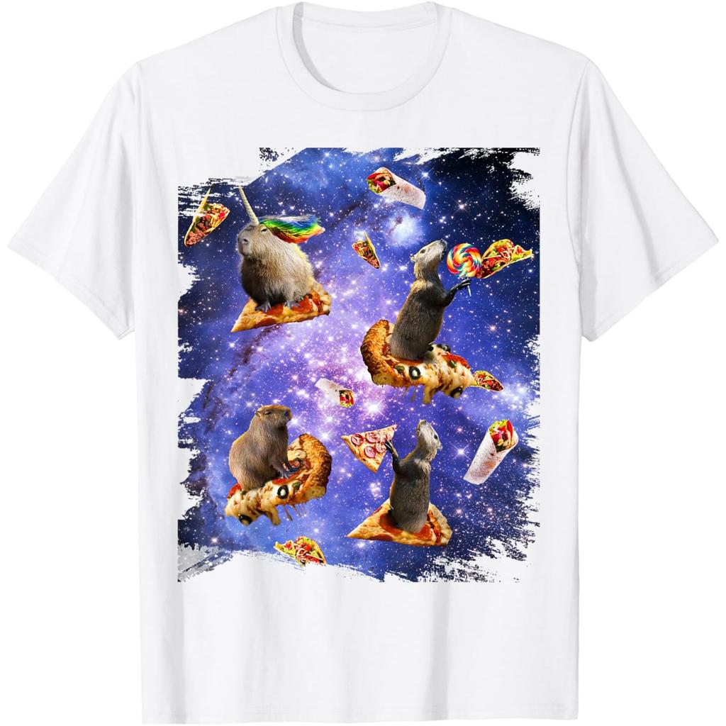 Funny Galaxy Capybara Riding Pizza Graphic Tee Casual Crew Neck Tshirt For Men
