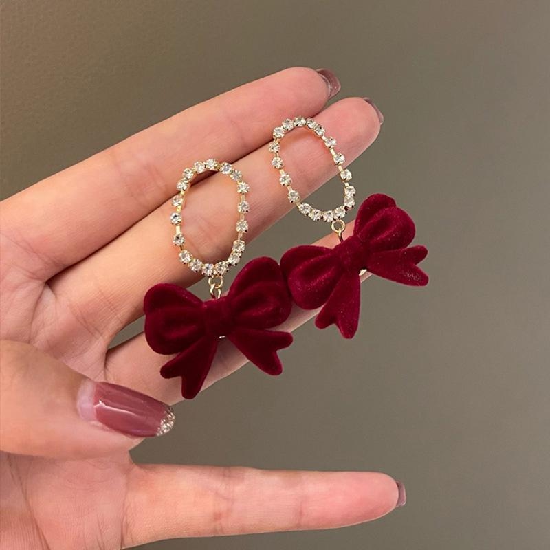 Red Bow Drop Earring For Women Temperament Flocking Bowknot Earrings