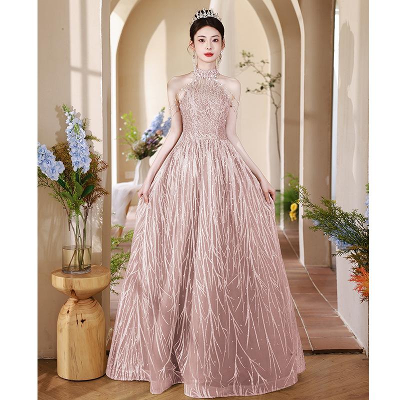 Pink evening dress high-end light luxury niche French student art exam solo performance clothes temperament celebrity sexy neck