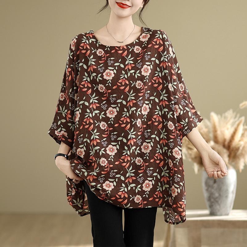 DIMANAF 2025 Summer T-Shirt Plus Size Women Flower Printing Batwing Sleeve Vintage Loose Tops Casual