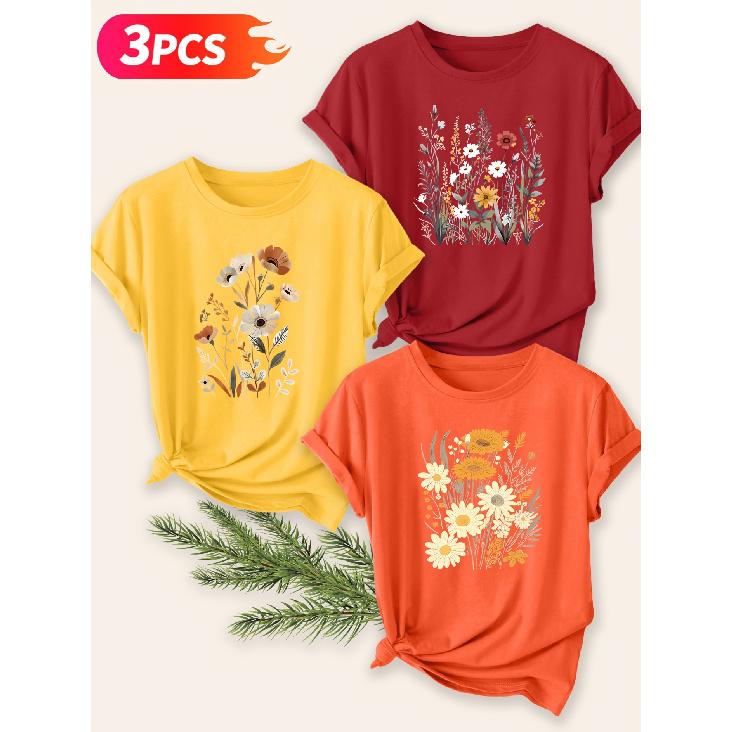 Three-piece set Elegant short-sleeved shirt for women Vintage Daisy Wildflower Print Round Neck Women's T Shirt Suitable for spring