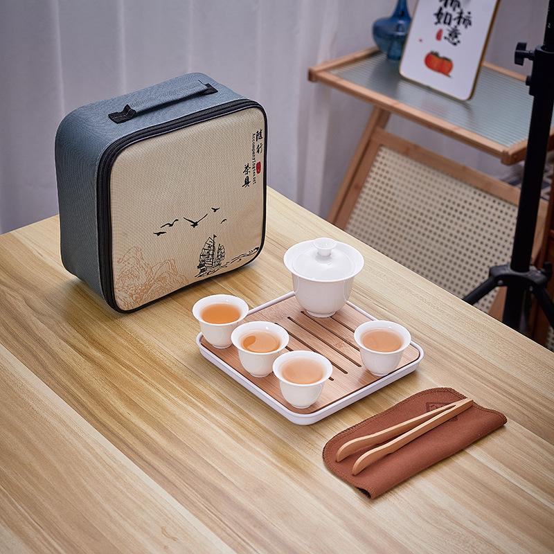 Дэхский белофарфоровый чайный сервиз, практичная керамическая чашка с крышкой, один чайник, четыре чашки, хранение на открытом воздухе, дорожная удобная сумка, бизнес-сувениры