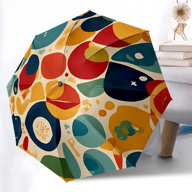 1pc Abstract Colorful Shapes Automatic Folding Umbrella - Compact 8-Rib Design, Durable Plastic Iron, Lightweight for Outdoor Daily Use, Festive Gif