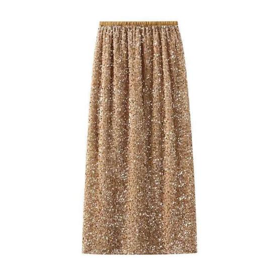Women Skirt Solid Color Shiny Sequin Decoration Midi Skirt Elastic High Waist Back Slit Design Skirt Beach Weddings Skirt
