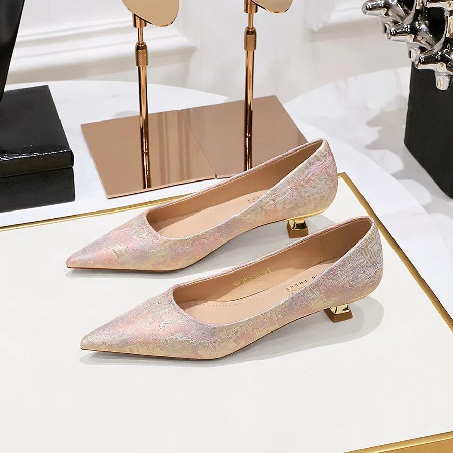 Women's Shoes Versatile Low 3cm Heel Shallow Mouth Pointed Flower Cloth Surface Spring Autumn New Women's Shoes DS-230-19