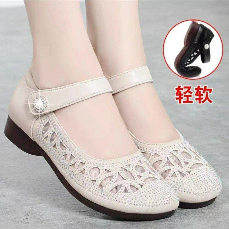Sandals Women's Summer Leather Hollow Mother Shoes Soft Sole Comfortable Middle-aged and Elderly Large Size Bag Head Flat Bottom Mesh Breathable