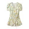 Womens Slim Fit Floral Print Dress Ruffle Short Sleeve V Neck Mid Length