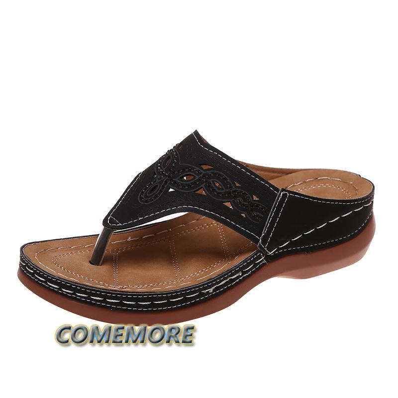 Women Platform Sandals Beach Casual Wedges Flip Flops Open Toe Big Toe Anti-slip Outdoor Shoes Slippers Hollowed Out Rhinestone