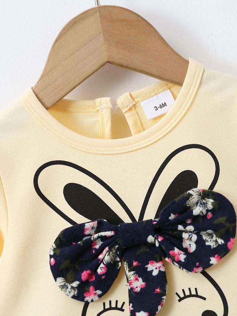 Girls Cute Rabbit Dress 1-6 Years Old Yellow Long Sleeve Top with Red Floral Print Tiered Skirt and Bow Decoration Kids Girl Casual Dresses