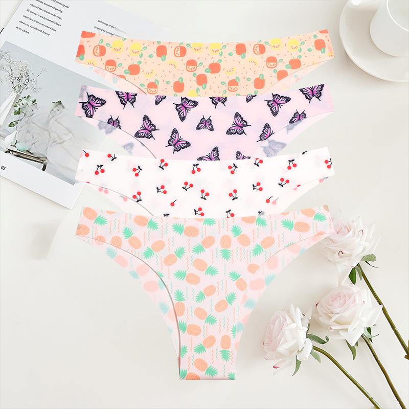 4Pcs/Set Seamless Colorful Brazilian Pants Lady Sexy Underwear Ice Silk Underpants Low Waist G-string Soft Thin Briefs