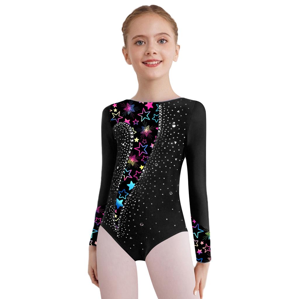 Girls Dance Leotard Long Sleeve Rhinestone Patchwork Jumpsuit for Gymnastics Training Performance