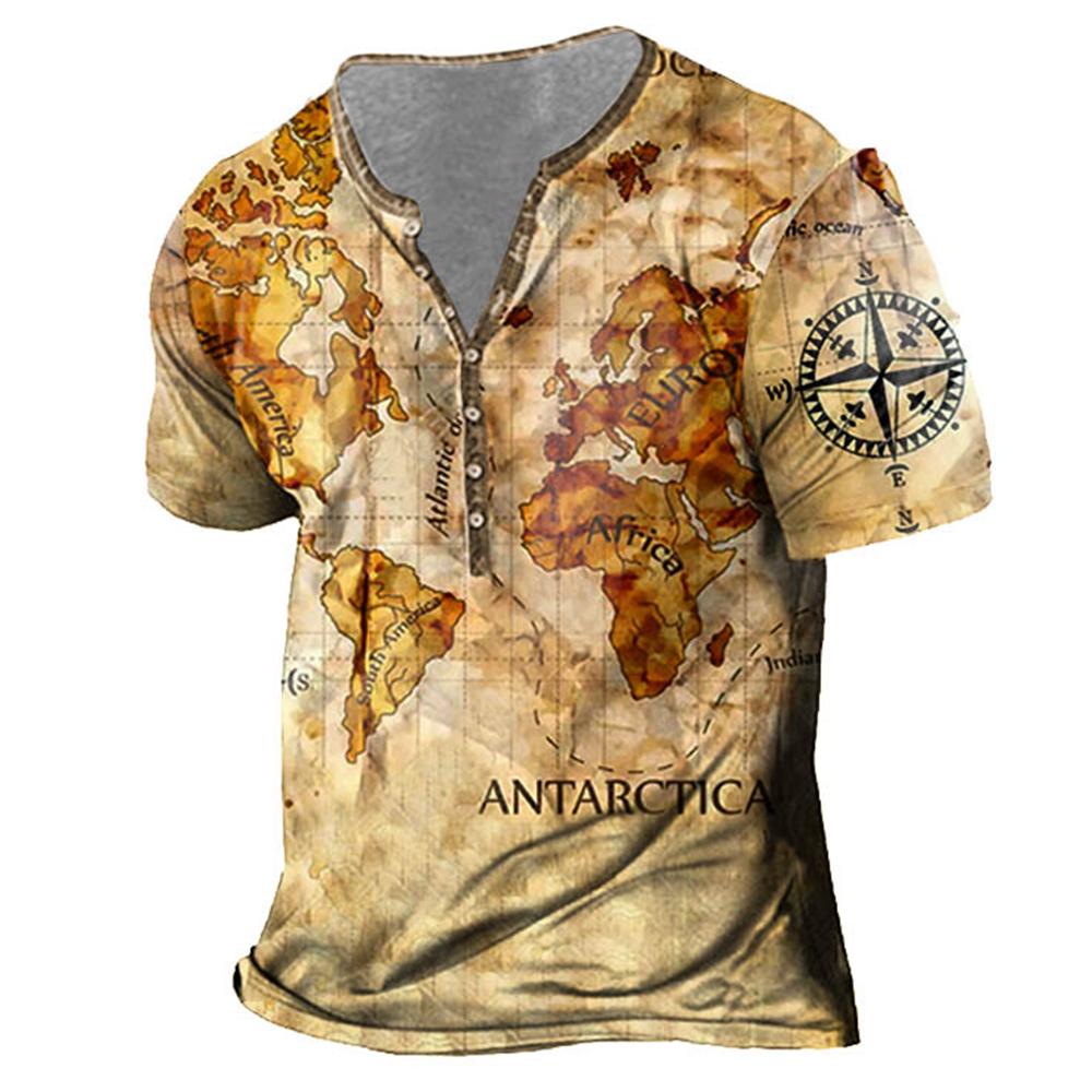 Винтажная футболка для мужчин, рубашка на пуговицах с 3D принтом, готическая хлопковая футболка с v-образным вырезом, большие топы с короткими рукавами, футболки, мужская уличная одежда в стиле панк