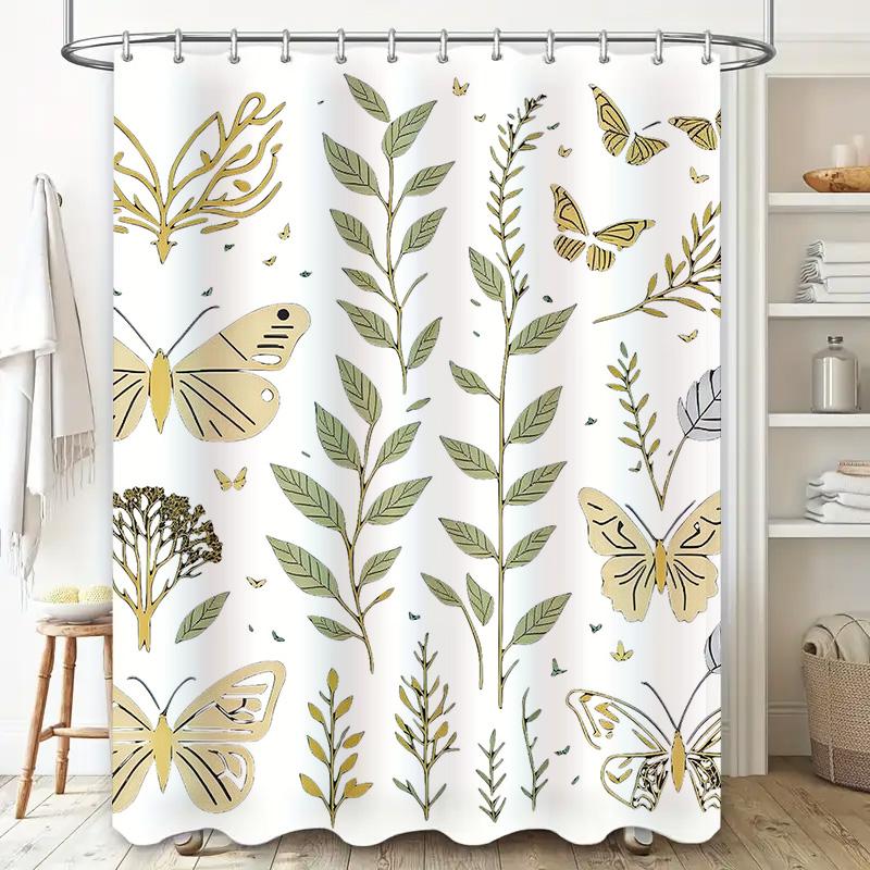Delightful Floral Butterflies Shower Curtain 180 x 243cm Waterproof Home Decor for Bathrooms in Gold White Color Scheme Modern B
