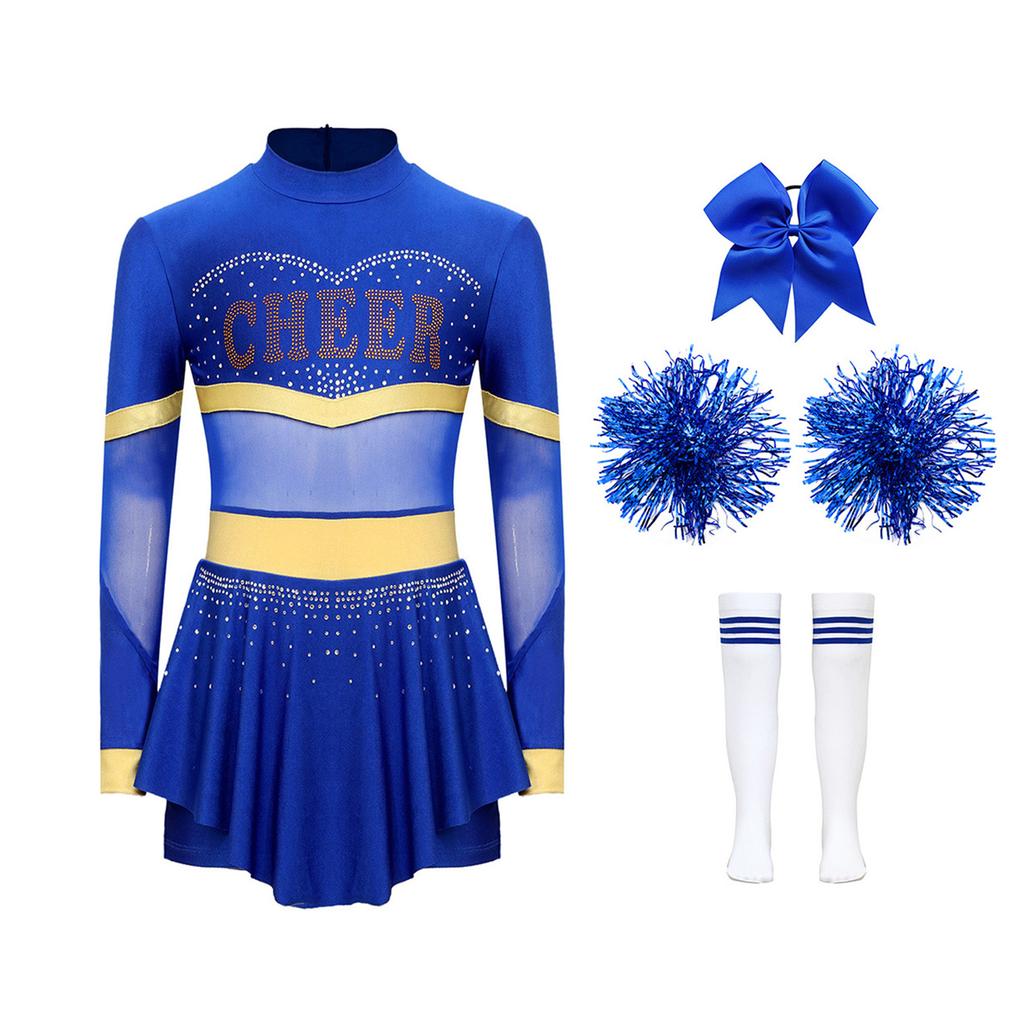 4Pcs Girls Cheer Leader Costume Long Sleeve Diamonds Dance Jumpsuit with Cheerleading Hand Flower Bowknot Hair Ties and Striped Knee High Tube Socks