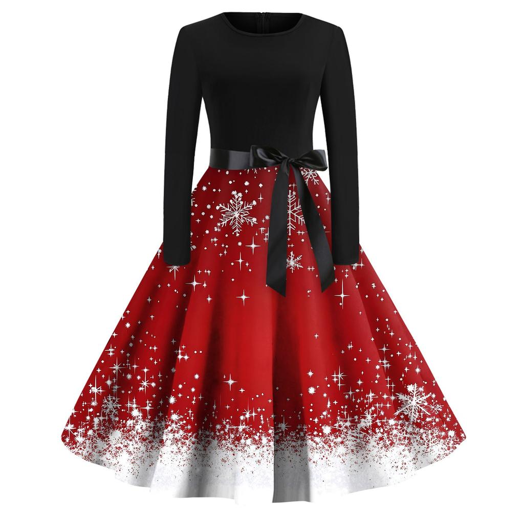 Women's Fashion Vintage Long Sleeve Round Neck Christmas Printed Party Gown Dress