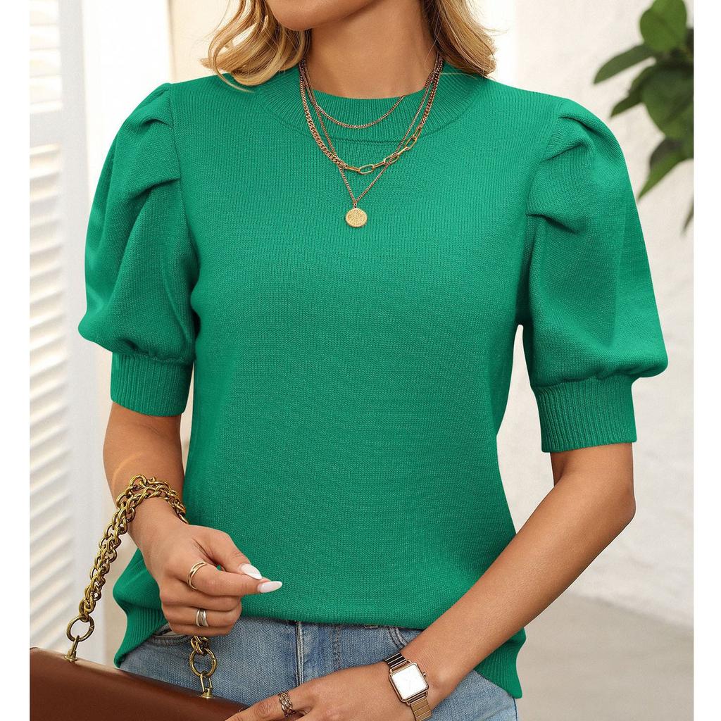Женский повседневный и модный однотонный свитер с круглым вырезом и короткими рукавами