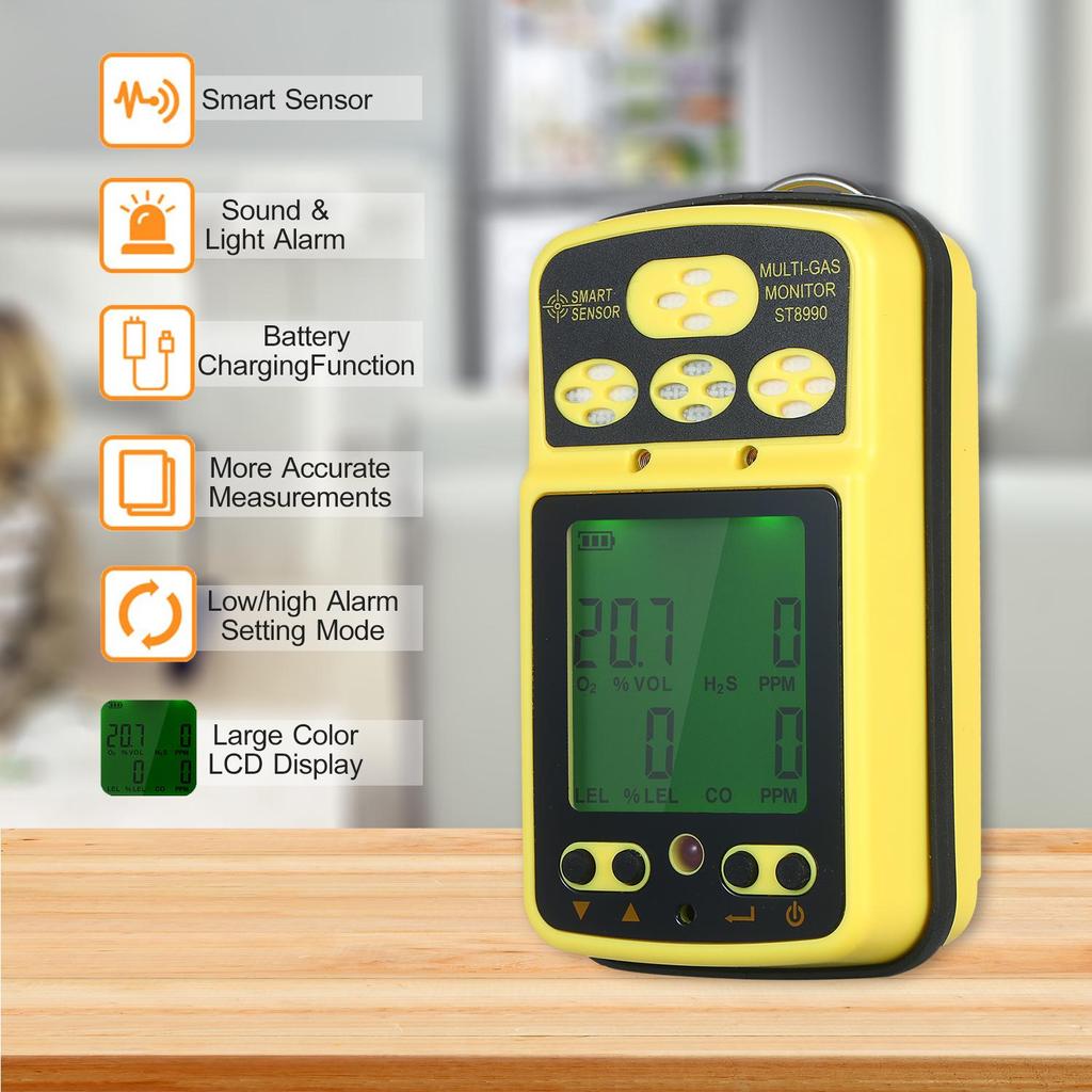 SMART SENSOR ST8990 Мультигазовый монитор, перезаряжаемый 4-дюймовый детектор газа, тестер, датчик с подсветкой, функцией сигнализации, ЖК-дисплей, вилка европейского стандарта