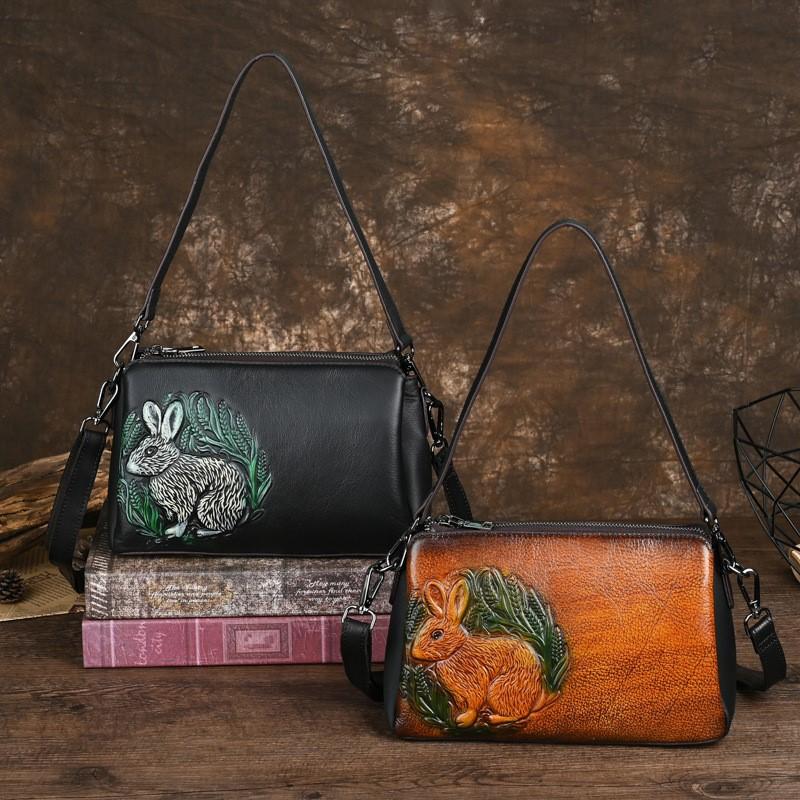 Johnature Rabbit Embossed Shoulder Bags Genuine Leather Retro Women Bag Versatile Cowhide Handmade Handbag