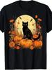Halloween Black Cat and Pumpkins Graphic T-Shirt - Autumn Floral Design, All-Seaso